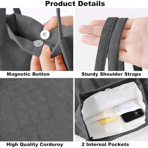 Women Dark Grey Imported Corduroy Small Canvas Shoulder Handy Tote Bag - Picture 4 of 4